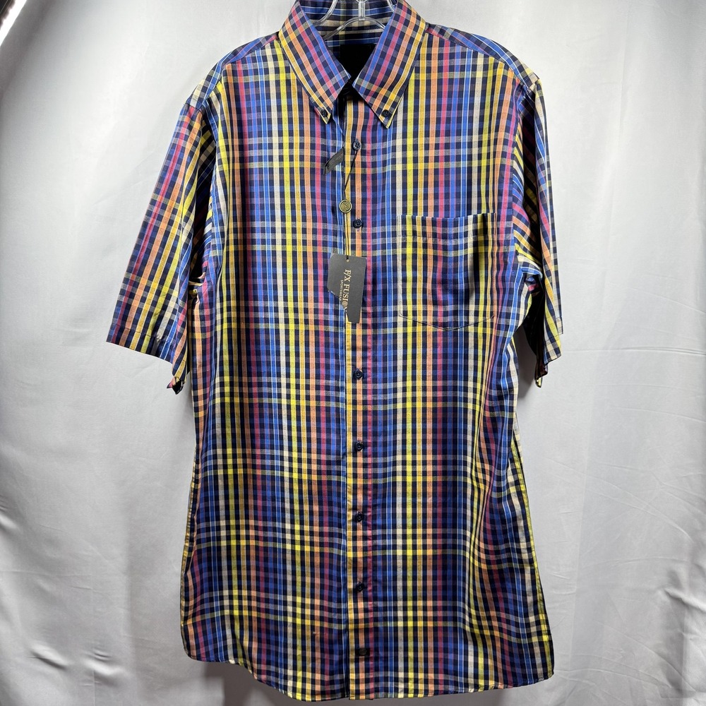 FX Fusion Shirt Mens Large Tall Multi Color Plaid Short Sleeve Wrinkle Resistant